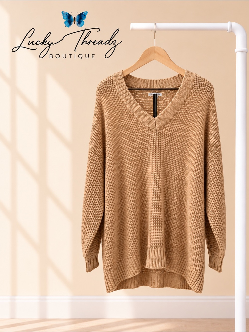 American Eagle Rom Com Sweater Oversized V Neck Ribbed Knit Tan Medium